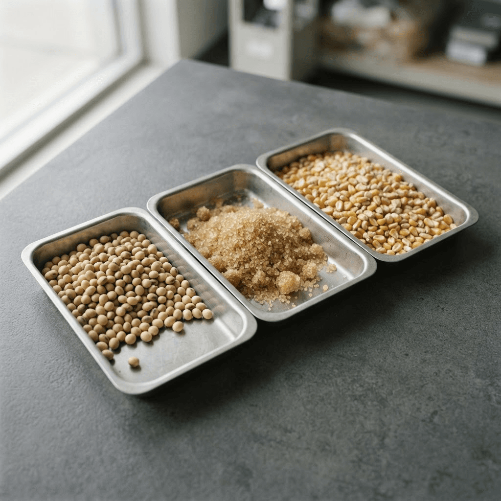 Separate metal trays containing soybeans, raw sugar crystals and dry maize kernels.