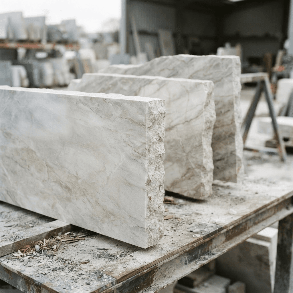 Pale natural-stone pieces showing polished faces and rough-cut edges on a workbench.