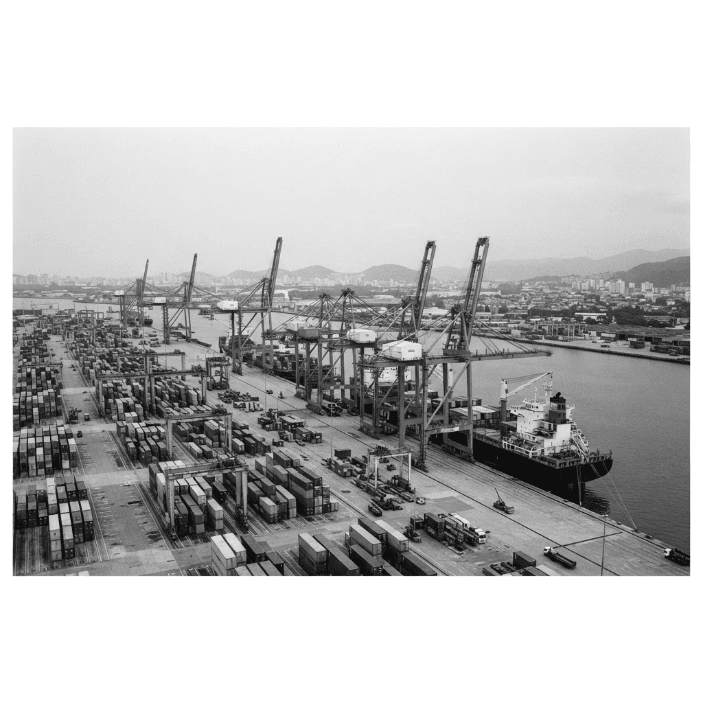 Monochrome illustration of a container terminal, cranes and a cargo vessel
