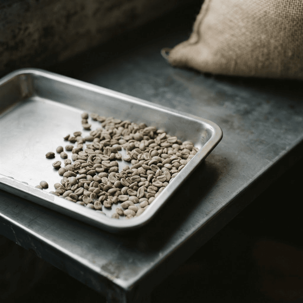 Unroasted coffee beans in a metal sampling tray beside a plain hessian sack.