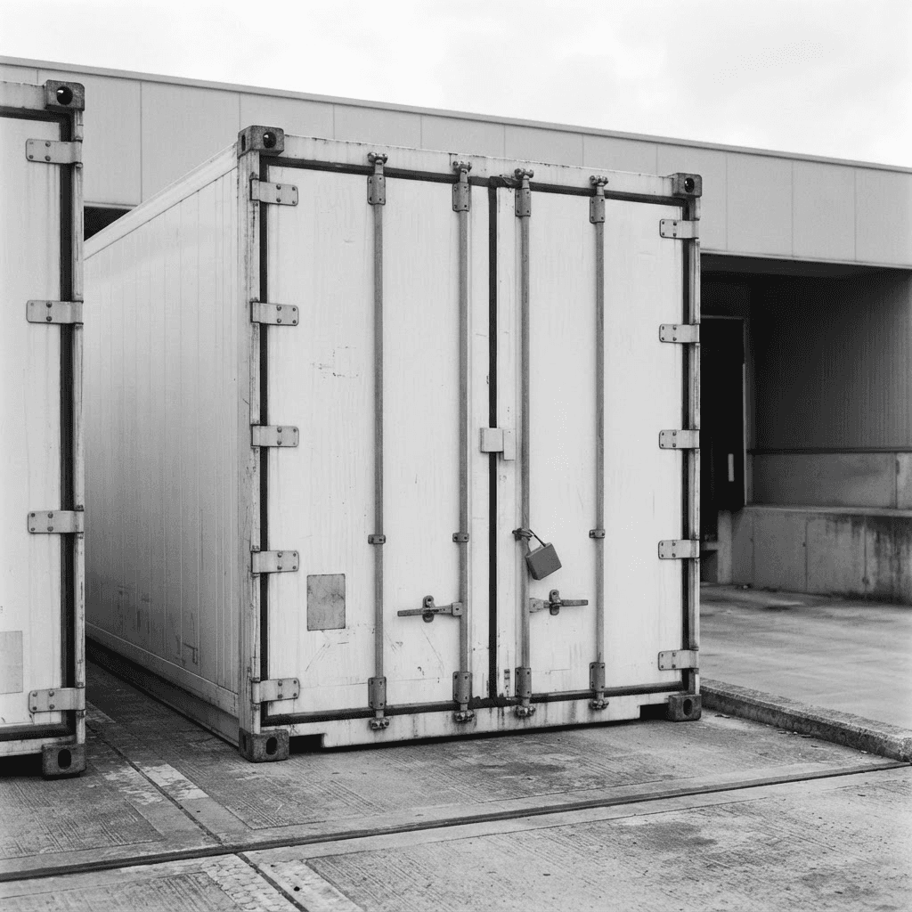 Closed refrigerated container doors beside an anonymous loading area.